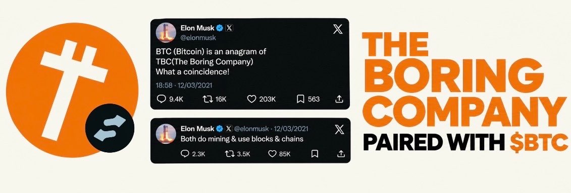 TBConStonk's tweet photo. 12th March 2021, @elonmusk: 

“BTC is an anagram of TBC (The Boring Company). Both do mining & use blocks & chains.”

This is the @LaunchOnSF mint paired with bitcoin:native. Tax on volume is paid to $TBC holders in Bitcoin, straight to the wallet. 

Not affiliated with @boringcompany, just the anagram, on-chain, paying BTC 🟠

CA: 57ZmcJUneWCwuQ1isprgJaVuuStjrF1b55VWDFUc7tqg