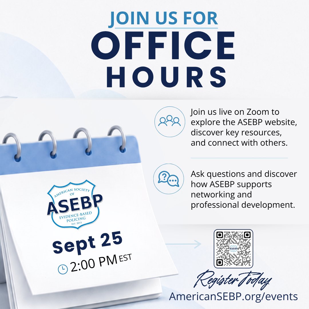 EBpolicing's tweet photo. Join us live on Zoom for an interactive walkthrough and discover new ways to connect, explore member resources, join conversations, and access 150+ archived research briefs.
Free to attend. Questions welcome.
Register: https://t.co/SM4GL8lbT5
#ASEBP #EvidenceBasedPolicing https://t.co/r705BHfPff