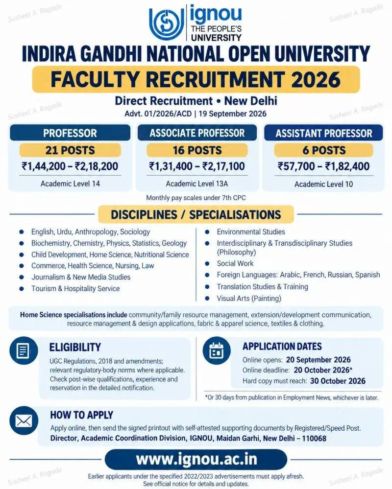 rojgarbharat's tweet photo. IGNOU Professor Recruitment 2026
Post Name: Professor, Associate Professor, Assistant Professor
Application Start: 20 September 2026
Last Date: 20 October 2026
Click Details:
https://t.co/n5A1g3SSQl

#ignouuniversity #recruitment #ProfessorJobs #rojgarbharat https://t.co/pgKVjmBe1P