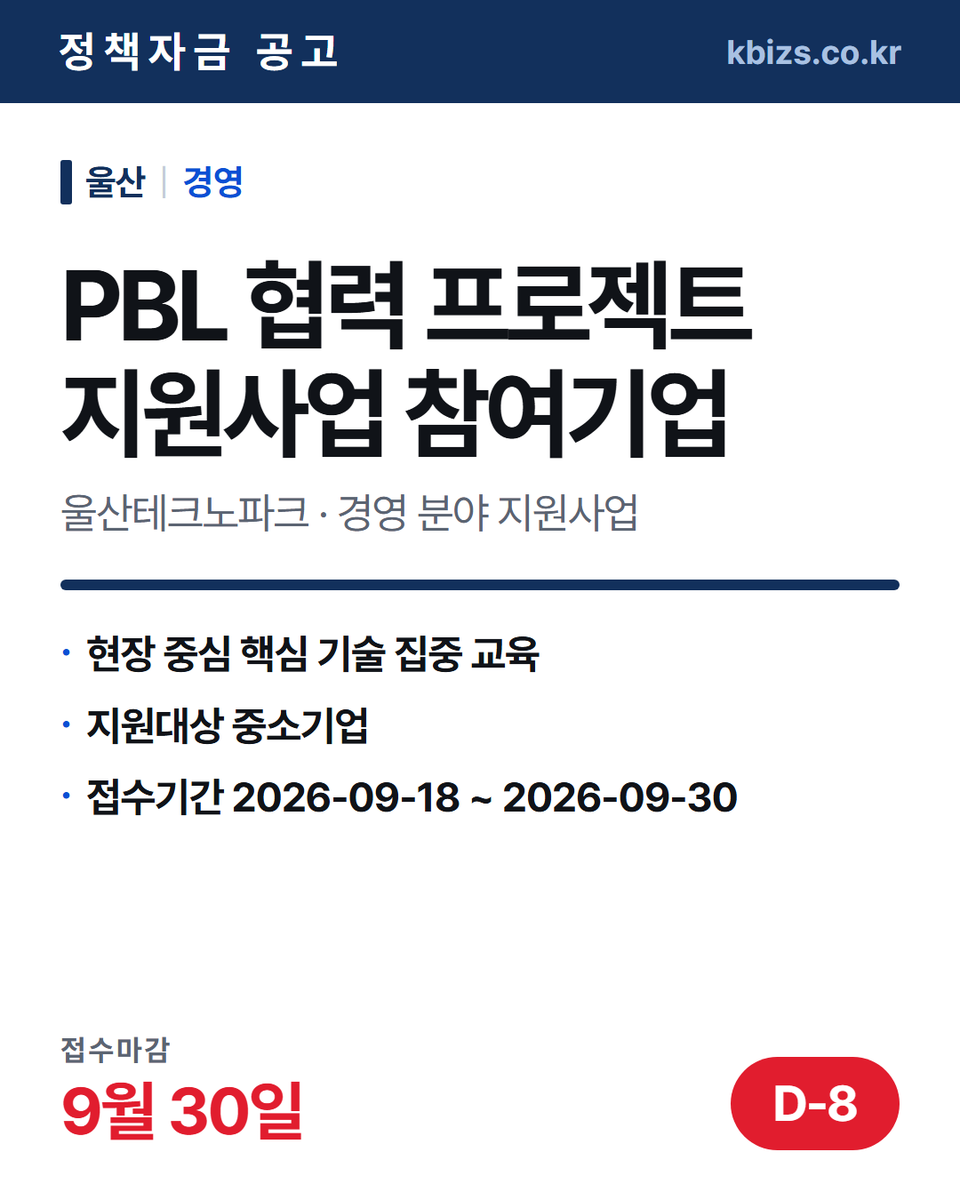 thekbizs's tweet photo. 오늘의 정책자금 공고 5건 · 경영·컨설팅

① [세종] 2026년 2차 중소기업 정보보호… — 9월 30일 마감
② [울산] PBL 협력 프로젝트 지원사업 참… — 9월 30일 마감

▶ https://t.co/ZtLa7SOheC

#중소기업정책자금대출 #중소기업정책지원금 #경영 https://t.co/zSCwc6pNVA