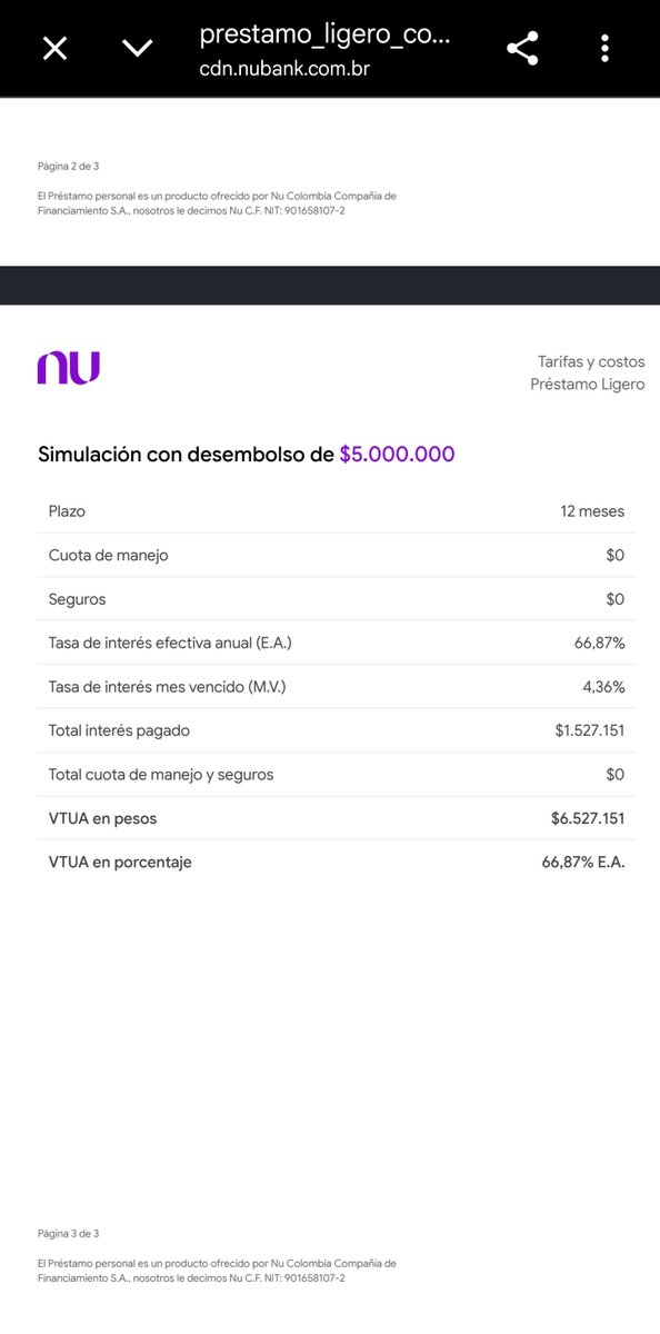 inverxia_co's tweet photo. Antes de pirarme piedras, lean mi opinión:

1. Un credito que tiene un 66.87% EA de tasa, equivalente al 4.36% Mensual en tu tasa de registro, implica un pago efectivo anual del 30.54% y uno mensual de 2,25%. (Ahí le adjunto los datos). Si bien es alto, esta lejos de ser comparable con tasas del 100% y 200% Mensual que cobran las bandas criminales.

2. Prefiero mil veces que la gente le deba a Nu Bank que al matón del barrio. Digán lo que quieran, pero las implicaciones son bien distintas.