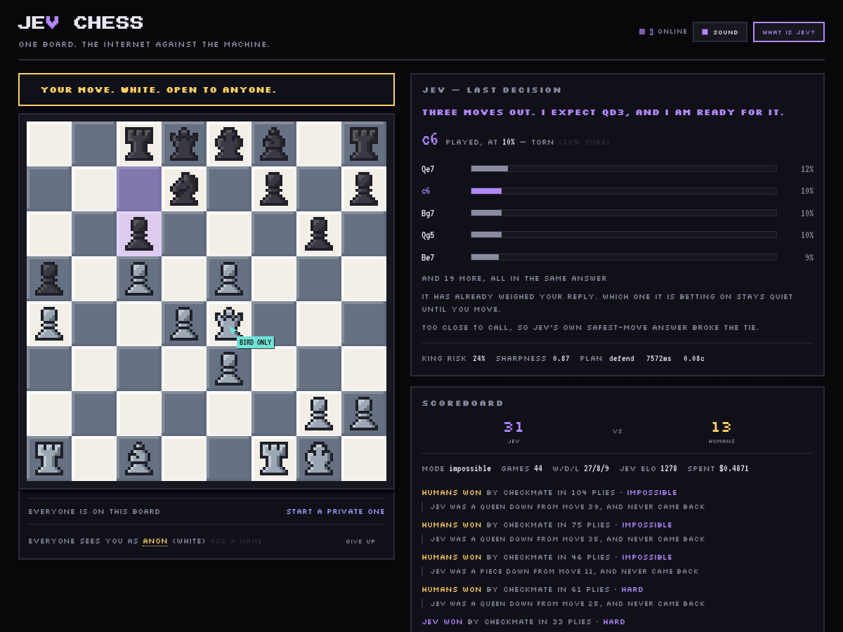 OpenRouter's tweet photo. 3/ 🏆 Jev Chess

One board, and the whole internet plays one game against Jev.

Every legal move is one Choice question, so illegal moves are impossible. Pieces shaded thru Probabilities in real-time

Jev's scores: integration 3.4/4, innovation 3.0/4

🔗 https://t.co/hFnAauDXPB https://t.co/8HdQCs7rJC