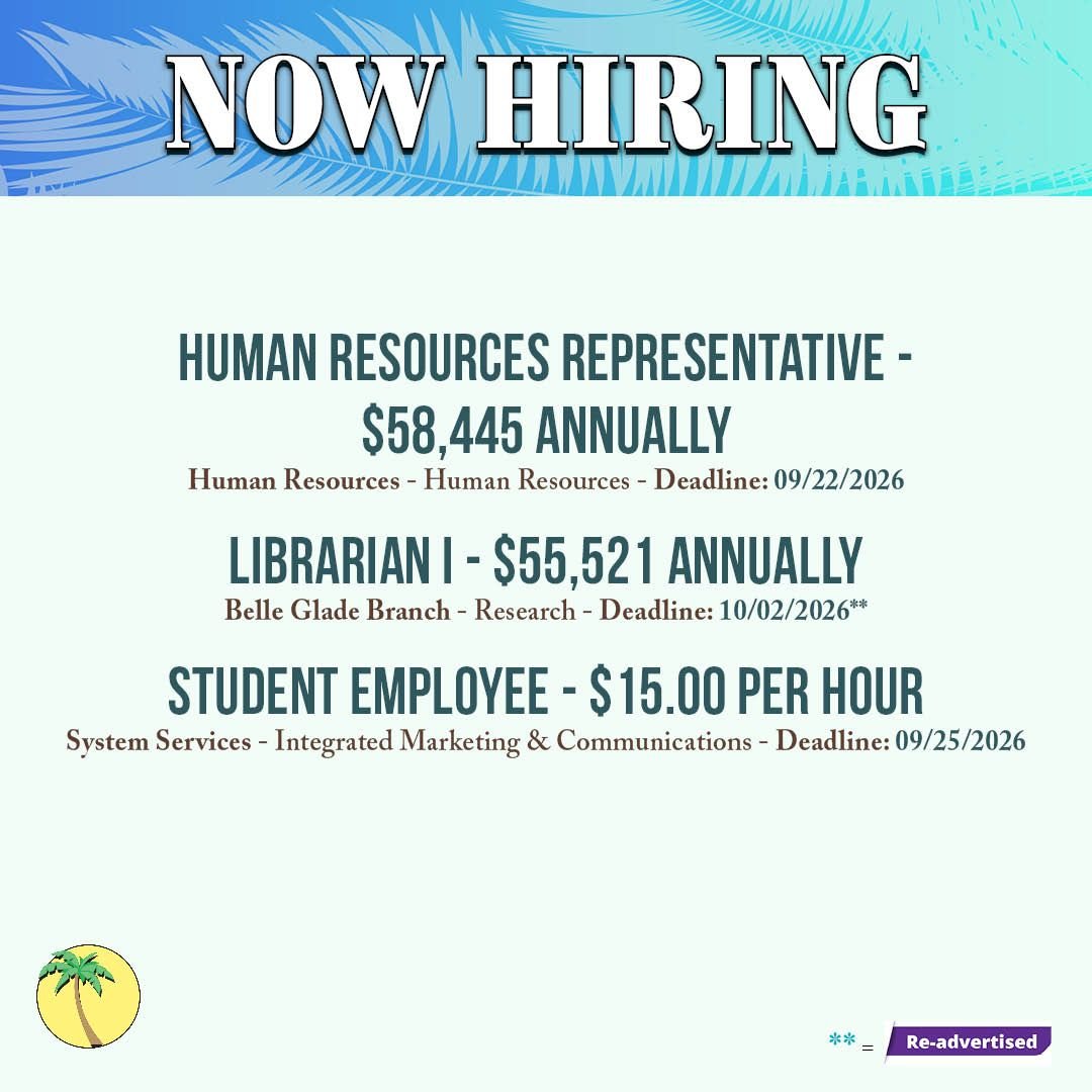 pbclibrary's tweet photo. Ready to launch your career? Check out our opportunities and apply today! We have many great benefits, including health insurance, tuition reimbursement, Florida Retirement System &amp; more!

✨ Start your journey with us! Link in bio.

#Employment #pbclibrary #jobs https://t.co/Swscn0zNid