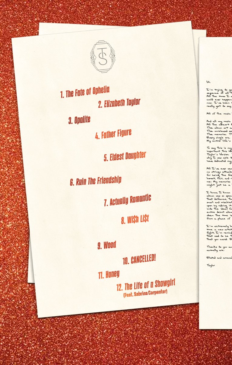 LaTayMexicana's tweet photo. 🎙️La primera página de la carta de Taylor fue el anuncio sobre la recuperación de todo su arte.

❤️‍🔥 La segunda página fue el tracklist de The Life of a Showgirl 

❓La tercera página aún no se revela https://t.co/XknGNEEQNM