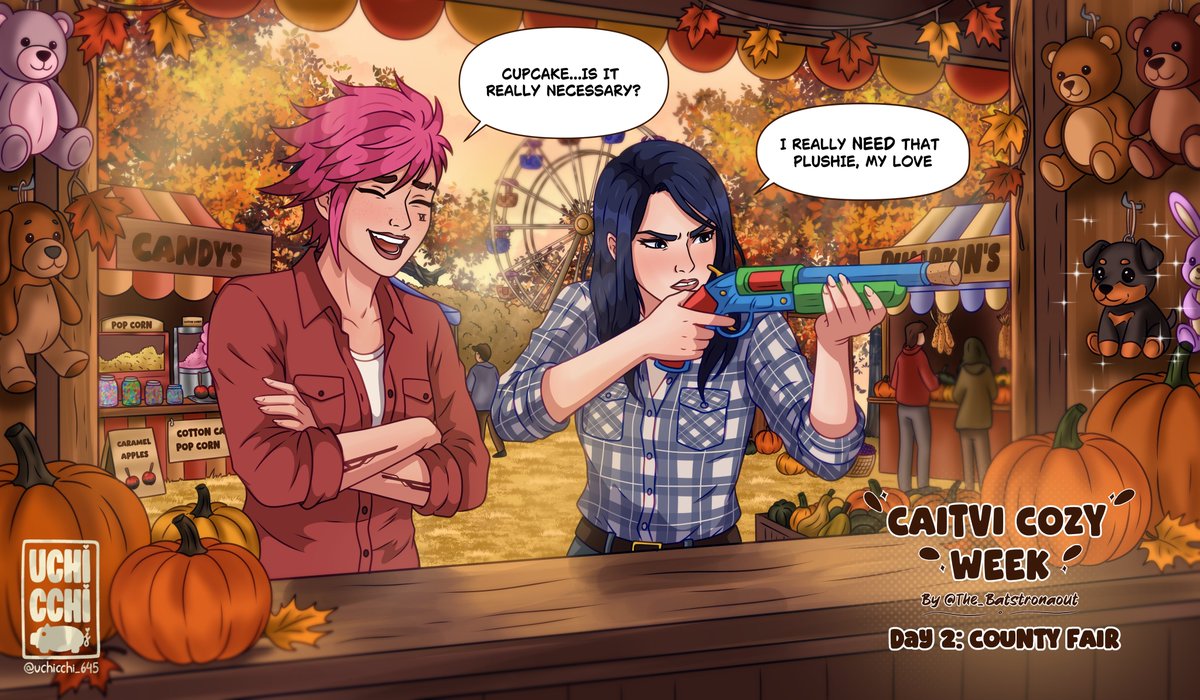 Uchicchi_645's tweet photo. CaitVi Cozy Week — Day 2: County Fair 🎡🍂

Caitlyn REALLY needs that Doberman plushie. 😂💜

#cozycaitvi - @The_Batstronaut 

#caitvi #arcane #piltoverfinest https://t.co/lNN54GjuBE