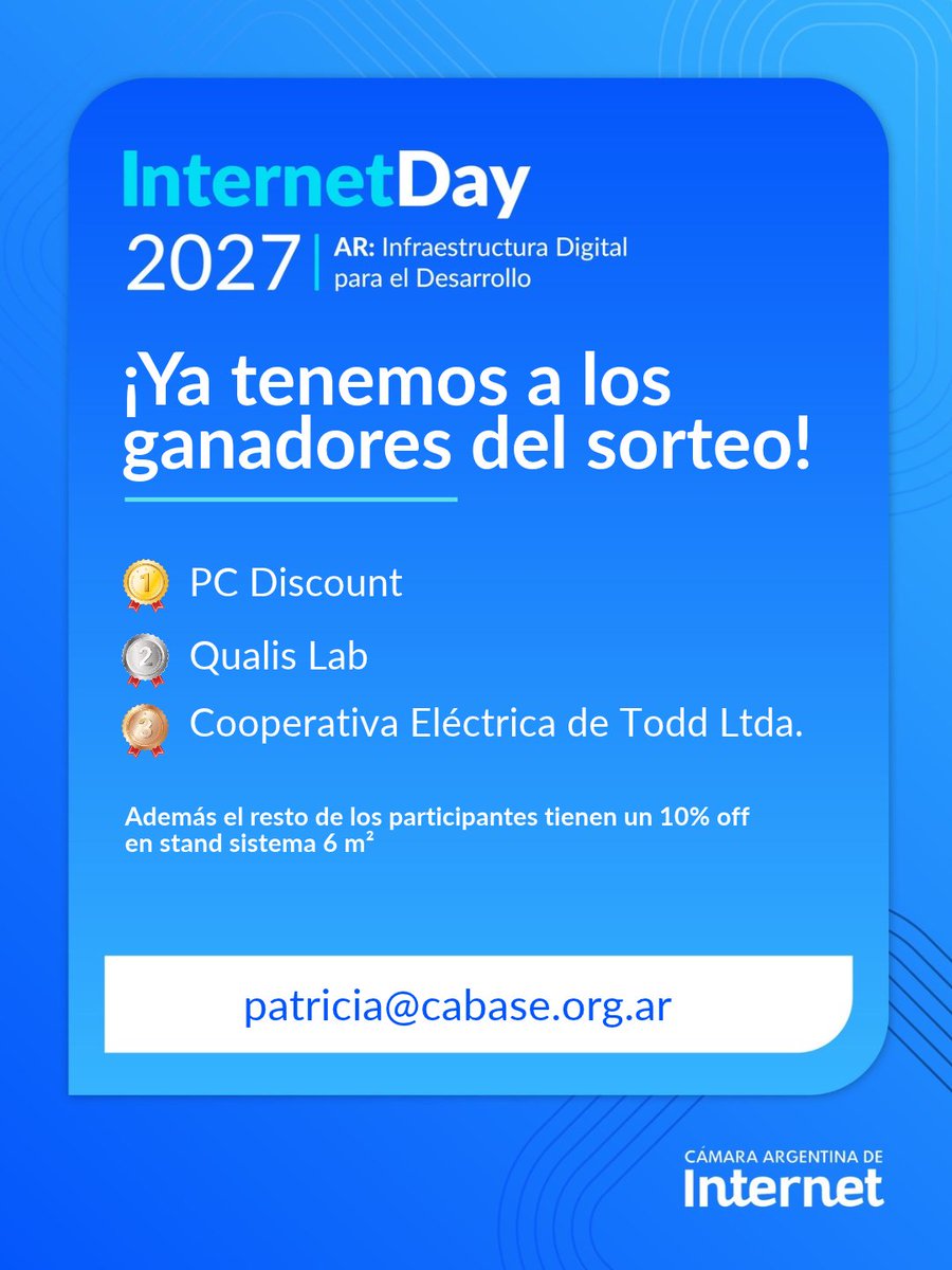 CabaseAr's tweet photo. 🎉 ¡Ya tenemos a los ganadores del sorteo de Internet Day 2027!

🥇 1° premio: Pc Discount
🥈 2° premio: Qualis Lab
🥉 3° premio: Cooperativa Eléctrica de Todd Ltda.

💫 Felicitamos a los ganadores  ¡Las oportunidades de sponsoreo siguen abiertas!

👉 https://t.co/Mk9Tqxn49n https://t.co/mjRAiyIKJY