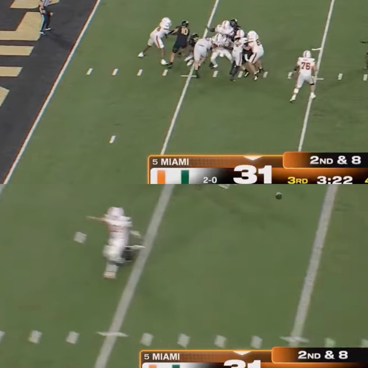 ItsAUThingBlog's tweet photo. For the contingent of this @CanesFootball fan base who just loves spouting phrases like "took the foot off the gas"—complaining that #Miami "got conservative" and "wasn't taking enough downfield shots late":

1. Listen to @AhmmonR2 preaching here on @CanesInSight earlier today about the interior of the offensive line getting figured out and falling apart late in the game (https://t.co/GdvxPgOGZc)—our guy really lays out what's going on with this line, the personnel and the efforts being made to shuffle guys around, en route to finding the best positions for each guy and putting together not just a unit, but THE unit to gel this fall.

-and-

2. Go back to 2nd-and-8 late third quarter with just over three minutes remaining and Miami at their 14-yard line in what was a 31-13 game at the time.

#DarianMensah was 24-of-24 for 213 yards and three touchdowns after a screen to #VandreviusJacobs was snuffed out for two.

On the very next play, #ShannonDawson dialed up a vertical route combo where Jacobs ran a deep streak to clear out the secondary, #DaylynUpshaw was the target—running a hard slant / dig to the middle of the field, past the sticks—and #CooperBarkate ran an out.

This was also the play that Mensah got up limping; flushed out of the pocket by linebacker #DeuceDyce—who was spying the quarterback, and who chased him down after the entire pocket collapsed and Mensah rolled right, looking for Barkate near the sticks—avoiding the sack and dumping off the incompletion.

Mensah got up, hobbled back to the line as Dyce appeared to roll up on the back of his leg—not quite as aggressively as #AshaadWilliams rolling up on #MartyBrown—but one could imagine #MarioCristobal and staff's biggest concern with a two-touchdown lead (and an offensive line struggling in the second half) was to protect their multi-million dollar quarterback, as well as the rest of their season.

There wasn't a play calling problem in the fourth quarter, nobody was purposefully conservative and it wasn't a foot-off-the-gas situation.

3rd-and-9 in a 33-20 game with just under eight minutes remaining, Dawson dialed up a seal-read, but Wake tried to bracket Toney in the slot (linebacker #DylanHazen faking the the run) so he was doubled at the sticks, while Lofton beat his man down the seam for what should've been a rumble-in touchdown and a 40-20 lead that puts the game away.

Again line protection completely disintegrated and the throw was rushed, overthrowing a sure touchdown, while Mensah took yet another hit on the play, so yes, the following possession—a 13-point lead with about five minutes remaining—were a few more bubble screens and run out of self-preservation, before a career-long field goal attempt (53-yards) from #JakeWeinberg; a bone-brained played that everyone has a right to question.

#EthanOConnor iced it the following possession with the interception and the #Canes got out with a 33-20 win—but don't be confused for a moment as to that late game shift in thinking; the interior offense line didn't adjust to halftime changes made by Deacs' defensive coordinate Scottie Hazelton and they had the Canes' o-linemen sideways an unable to protect Mensah.

As gut-wrenching as it was to lose both Brown and #JoshMoore for the year—running back and wide receiver rooms are deep.

Losing the multi-million dollar Mensah three games into this season due to suspect line play; 2026  would've gone to hell and in handbag by mid-September.

So yeah, sometimes SURVIVING is as important as THRIVING and you take the 13-point win  home to heal-up, regroup and to get back to work.