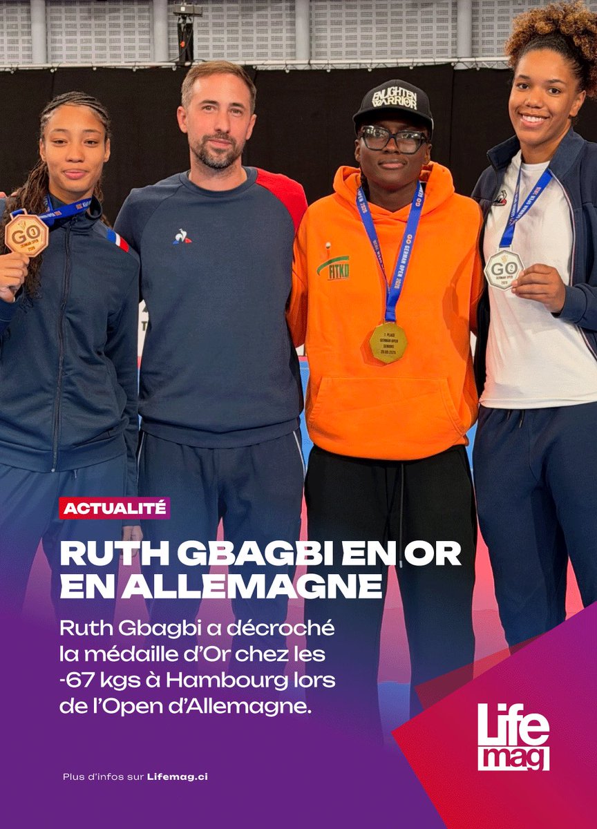 LifeMagazine_CI's tweet photo. 🔴 Notre Championne 🇨�� Ruth Gbagbo s’est encore illustrée ce week-end en remportant la Médaille d’Or 🥇 chez les -67 kgs à Hambourg 🇩🇪 lors de l’Open d’Allemagne 👏
#lifemagci #RuthGbagbi #Taekwondo225 https://t.co/kJKbzldVnz