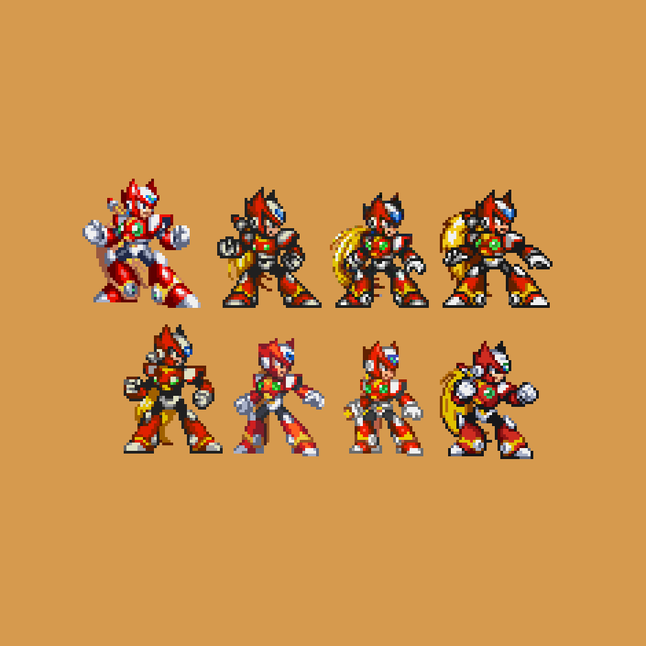 skullbrow's tweet photo. It’s funny how everyone has a different take on art and style. Zero from the original game, Reminiscence, Paradox War, and others whose creators I couldn't find.

#megamanx #pixelart https://t.co/NUA54TLaaO
