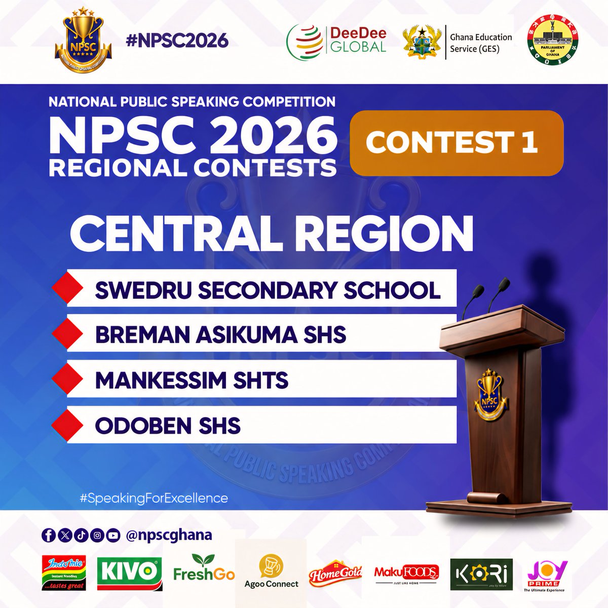 npscghana's tweet photo. Contest 1 in Central Region: Swedru Secondary School, Breman Asikuma SHS, Mankessim SHTS, Odoben SHS.

#NPSCGhana #DeeDeeGlobal #NPSC2026Regionals #CentralRegion #SpeakingToInfluence https://t.co/JlyJ1EiXVJ