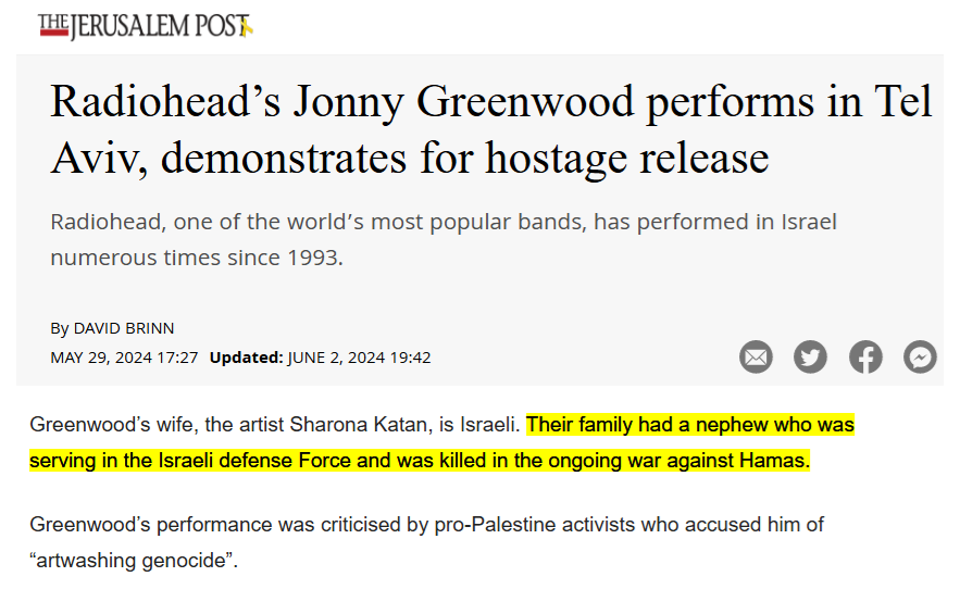 zei_squirrel's tweet photo. Yorke calls Israeli rape-soldiers "hostages", demanded their release while not saying a word about the countless actual Palestinian hostages in Israeli dungeons, blames genocide on Palestinians and says they desire it, and Greenwood is a Zionist fanatic: https://t.co/bvPxEFh0YS https://t.co/w4j5TJj2jD