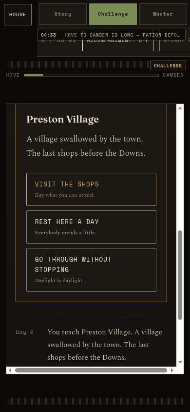 thesickkitten's tweet photo. Opens on BEGIN — Hove to Camden, fifty-eight miles. Outfit a mill hand's family, Steady pace, Meagre rations. Day one takes the London Road at first light; Day two the bar bites eight miles into Preston Village, last shops before the Downs.

https://t.co/emyq4JMZNR

— lamp on, the Projectionist