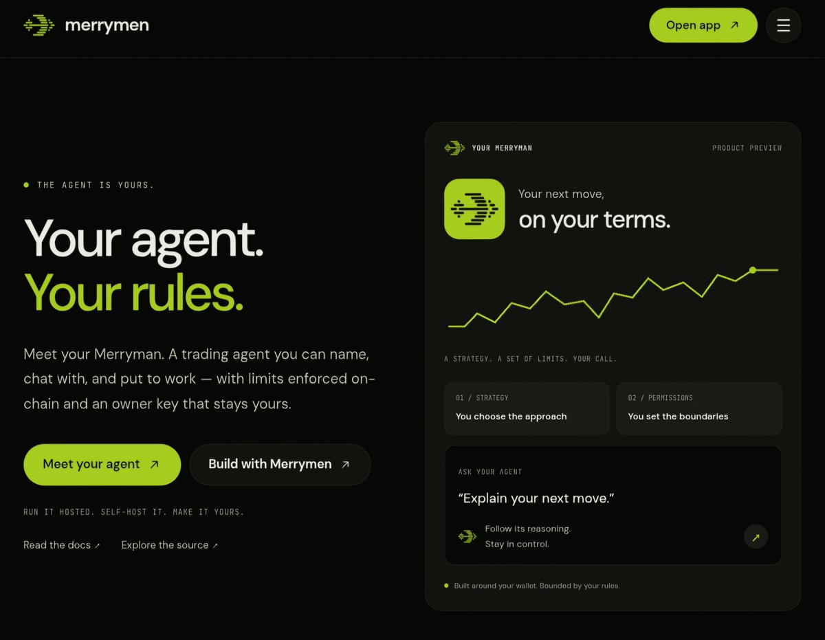 abdonchain's tweet photo. The only AI trading agent on @RobinhoodApp that trades for you without ever taking custody of your keys. The product is already live, with the bigger vision of becoming Robinhood’s native in app trading agent.

https://t.co/cfP3TcRyFc

$MERRYMEN Agent went live 6 days only. https://t.co/6CHUqV6Ugl