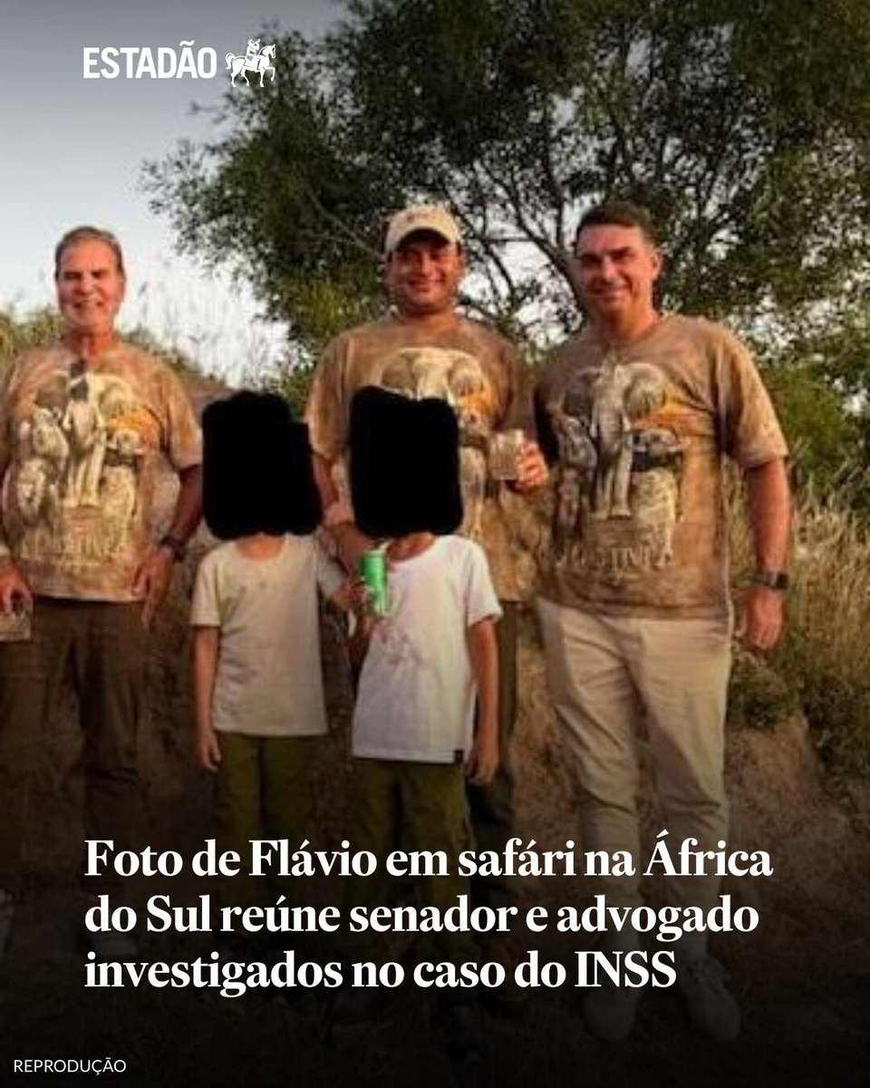Estadao's tweet photo. Foto de Flávio em safári na África do Sul reúne senador e advogado investigados no caso do INSS | Imagem feita em março de 2025 mostra Flávio Bolsonaro ao lado de Weverton Rocha e Willer Tomaz; Flávio afirma que a relação de amizade entre as famílias é ... https://t.co/92RVaRHZgW https://t.co/oYjrBjOhxj
