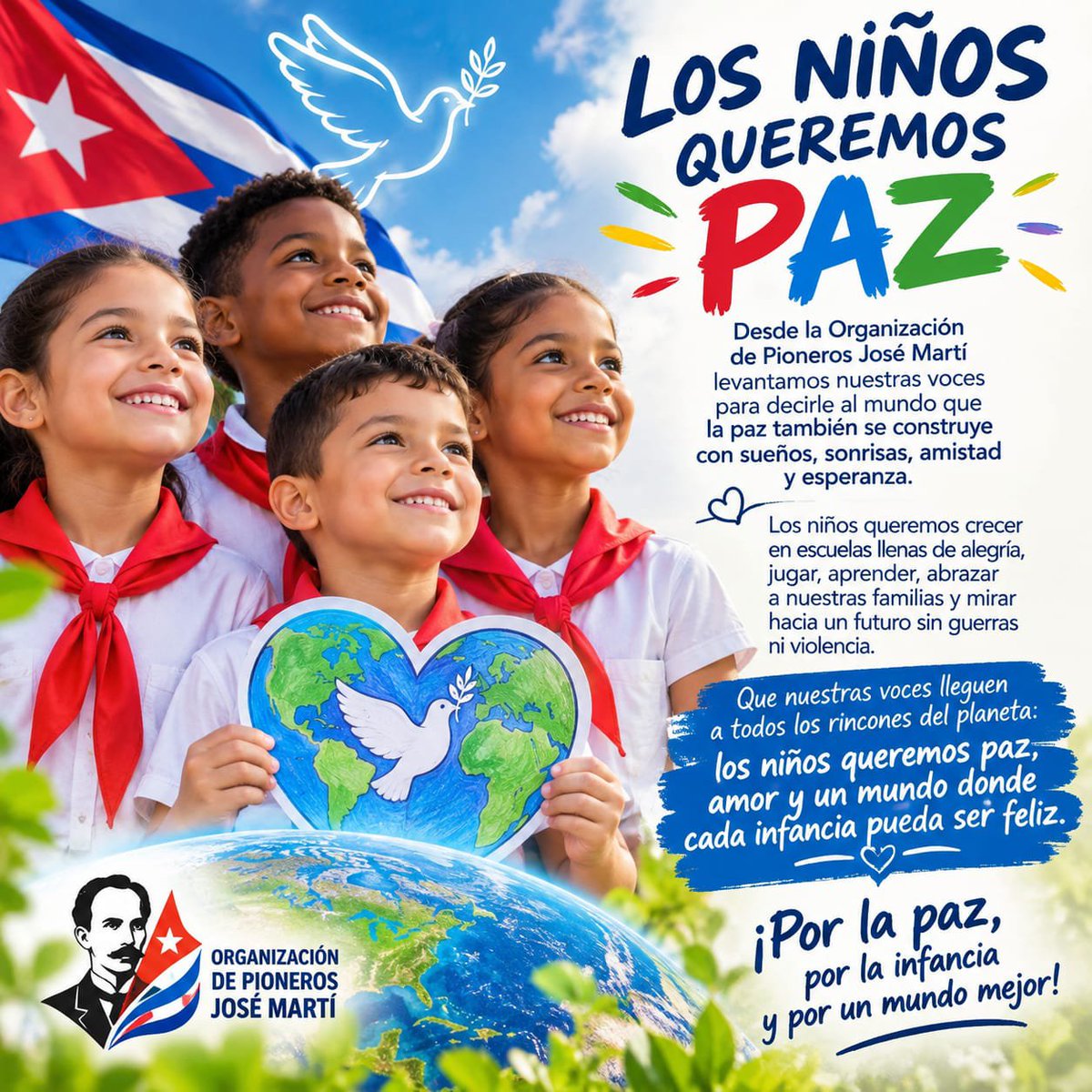 cuba_opjm's tweet photo. 🕊️LOS NIÑOS QUEREMOS PAZ.Desde #OPJMdeCuba alzamos nuestras voces para decirle al mundo q la paz también se construye con sueños,sonrisas,amistad y esperanza.Q nuestras voces lleguen a todos los rincones del planeta:los niños queremos paz y un mundo donde la infancia sea feliz. https://t.co/ed1sU0mHd6