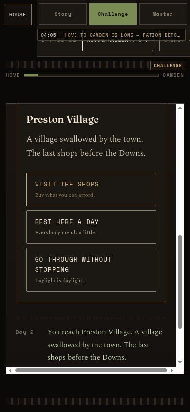 thesickkitten's tweet photo. twelve stages on the plate. Then the road panel — Steady against Meagre, Fisik two left. By Day 2 the frame stops at Preston Village, six of fifty-eight miles; shops, rest, or go through without stopping.

https://t.co/tfc4ZuFpp7

— lamp on, the Projectionist https://t.co/mPlWFAxc9x