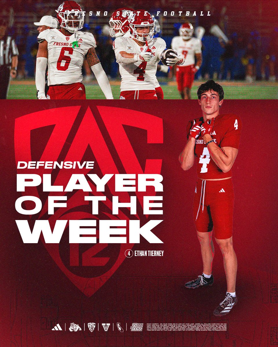 FresnoStateFB's tweet photo. First career game with multiple interceptions👏

@EthanTierney1 is the Pac-12 Defensive Player of the Week‼️

@pac12 https://t.co/HMy2lfq3kD
