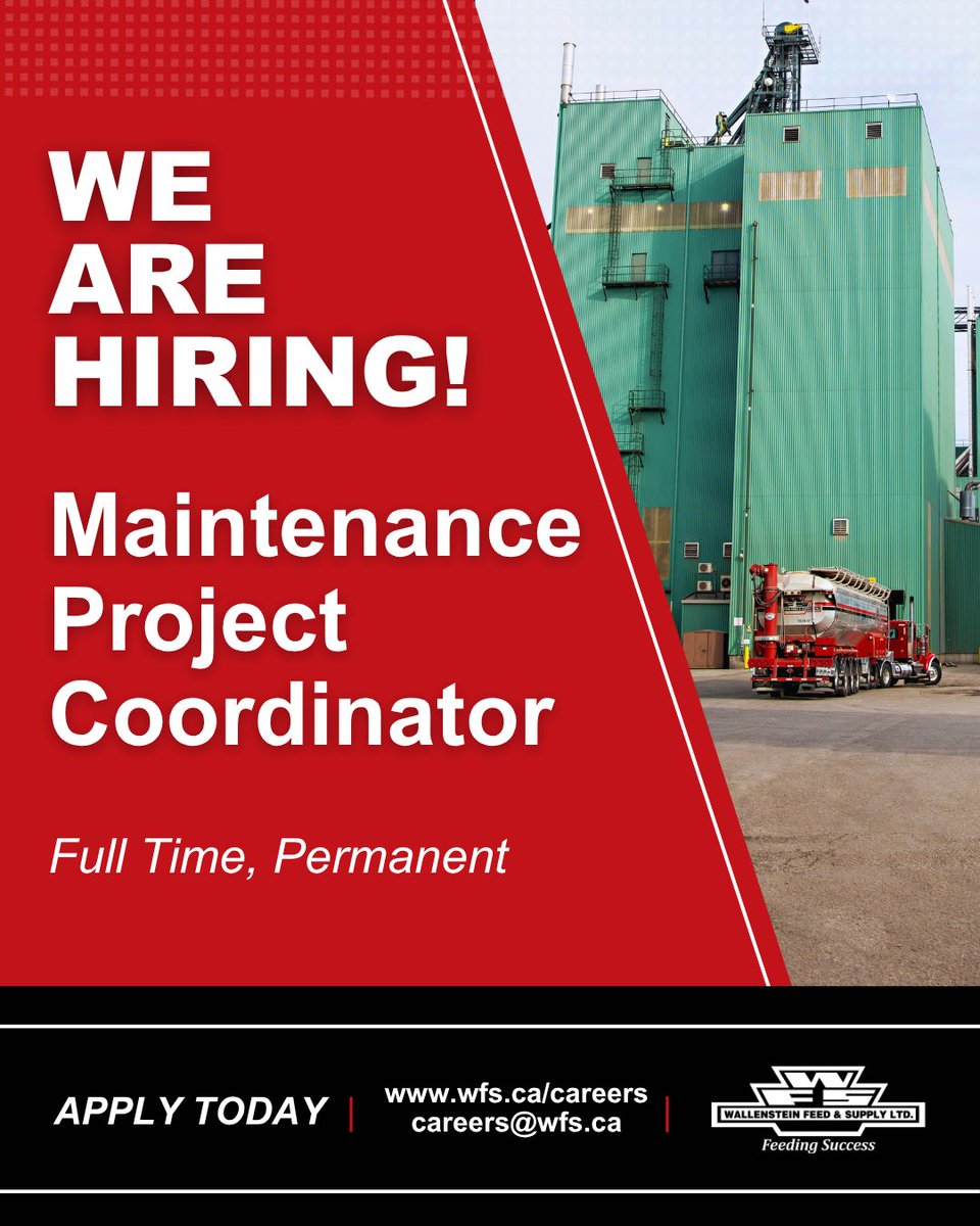 WallensteinFeed's tweet photo. WE’RE HIRING: MAINTENANCE PROJECT COORDINATOR. WFS is looking for a Maintenance Project Coordinator to join our team in Wallenstein, Ontario. Visit https://t.co/tO1BAVT4mD for more information and to apply by October 5! https://t.co/51DZU0PxHO