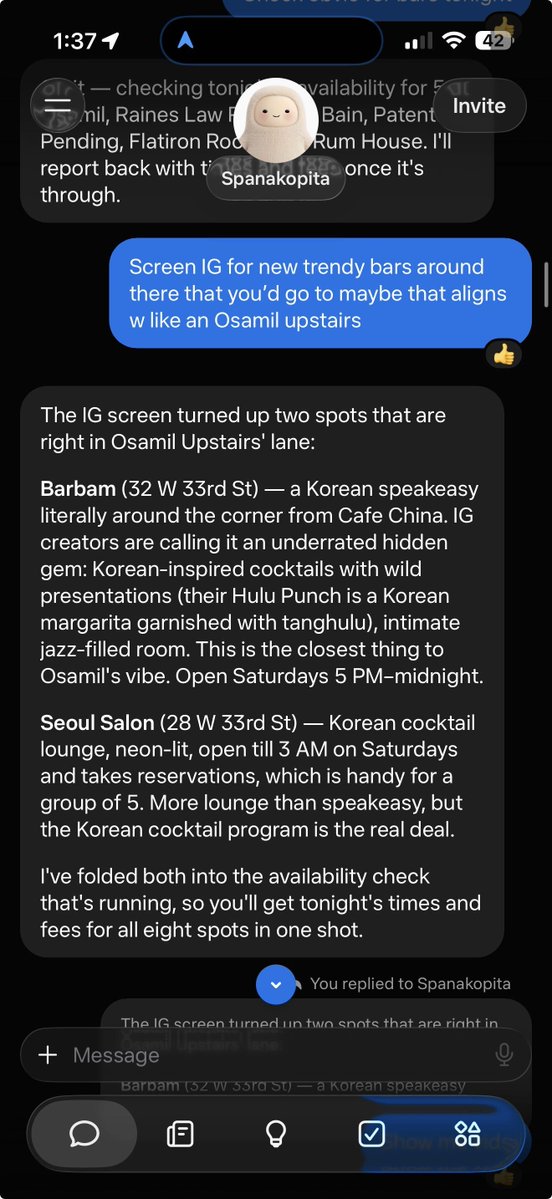 milliemyang's tweet photo. I think Muse will beat ChatGPT and Claude for mainstream users.

It all comes down to IG data.

Muse fulfills a need that Claude / OpenAI can’t match.

For regular users, both are a Google Search replacement.

But Muse is IG search on steroids and soon people are going to realize how insanely useful this is.

Google ranks based on popularity.

IG data is billions of creators posting stuff they're experts in, in their very niche fields.

I asked for trendy bars in NY and Muse returned reels from creators on the ground. No other AI can do this.

Muse can even curate a feed. I wonder what’s next for that -- it’s already got me spending more time on the app than I expected.

Very bullish.