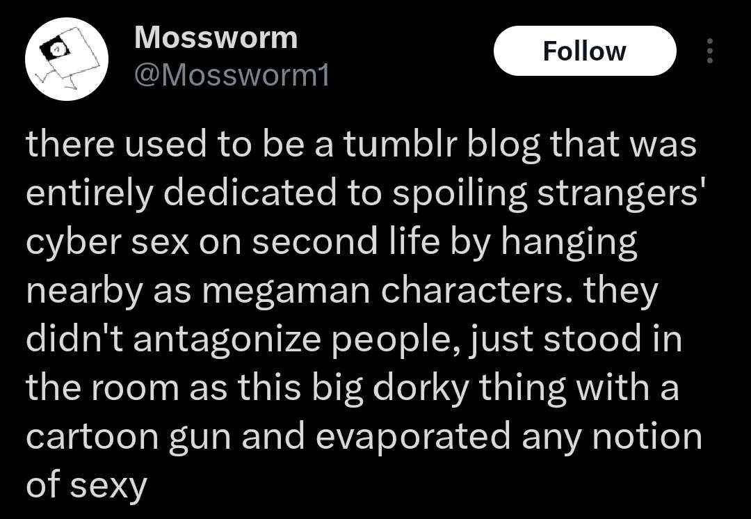 AWAKE_AT_354_AM's tweet photo. I have very little exposure to Mega Man, but I can never take it seriously because of the post about the guy on Second Life who stands next to random e-couples and kills the vibe of their e-sex https://t.co/frX6XBRb8s