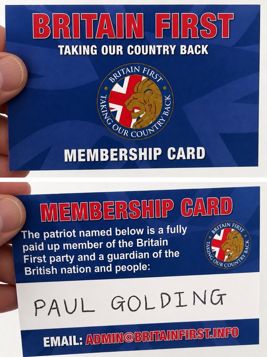 BFirstParty's tweet photo. Join as a recurring yearly member for only £12 and take your rightful place in the Britain First party! You will receive your membership number and membership card:

➡️ https://t.co/6rBYraLHxn https://t.co/FAt9zW5lbM