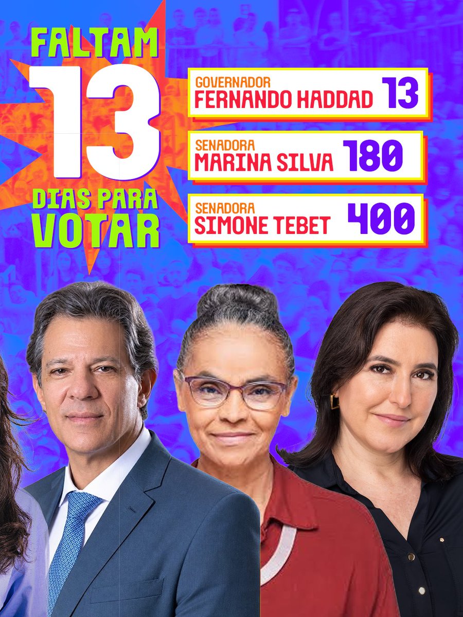 ErikakHilton's tweet photo. 🇧🇷 FALTAM 13 DIAS PRA VOTAR PELO BRASIL

A eleição mais importante que já vimos está se aproximando. O dia 4 de outubro é dia de varrer, pra lata do lixo da história, o bolsonarismo.

Vote pelos SEUS direitos, pelo SEU bem-estar e por um país melhor para TODAS as pessoas.

Vote @LulaOficial 1️⃣3️⃣✅
Vote Erika Hilton 5️⃣0️⃣7️⃣0️⃣✅
Vote @SofiaFavero_ 5️⃣0️⃣7️⃣0️⃣0️⃣✅
Vote @Haddad_Fernando 1️⃣3️⃣✅
Vote @MarinaSilva 1️⃣8️⃣0️⃣✅
Vote @SimoneTebetBR 4️⃣0️⃣0️⃣✅
