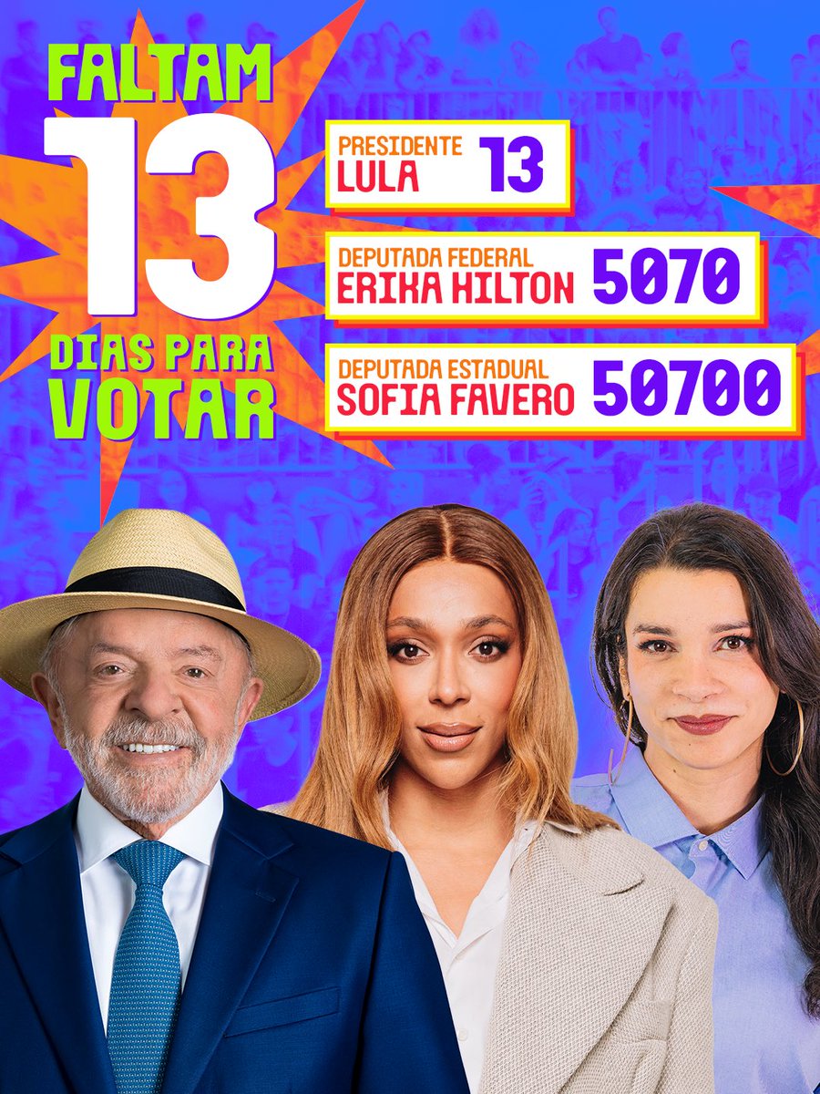 ErikakHilton's tweet photo. 🇧🇷 FALTAM 13 DIAS PRA VOTAR PELO BRASIL

A eleição mais importante que já vimos está se aproximando. O dia 4 de outubro é dia de varrer, pra lata do lixo da história, o bolsonarismo.

Vote pelos SEUS direitos, pelo SEU bem-estar e por um país melhor para TODAS as pessoas.

Vote @LulaOficial 1️⃣3️⃣✅
Vote Erika Hilton 5️⃣0️⃣7️⃣0️⃣✅
Vote @SofiaFavero_ 5️⃣0️⃣7️⃣0️⃣0️⃣✅
Vote @Haddad_Fernando 1️⃣3️⃣✅
Vote @MarinaSilva 1️⃣8️⃣0️⃣✅
Vote @SimoneTebetBR 4️⃣0️⃣0️⃣✅
