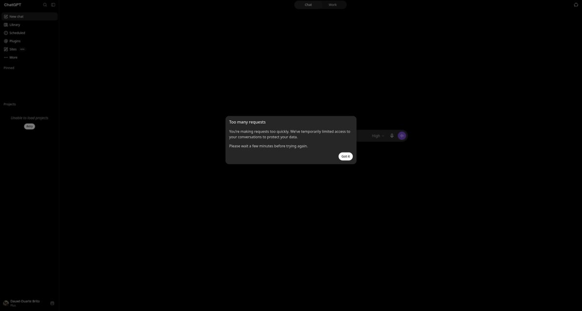 DauwtB's tweet photo. Just got this warning for using too much ChatGPT, now I have to wait "a few minutes" :(

Did anyone else know about this? https://t.co/SES60uvrXR