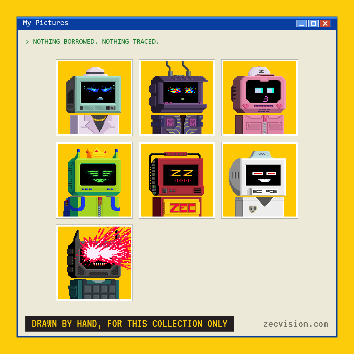 zecvisions's tweet photo. > STATUS: ORIGINAL_WORK

Every piece here was drawn for this collection. Not traced, not bought, not generated from someone else's grid.

A few of them here. https://t.co/r2mqHwVITk