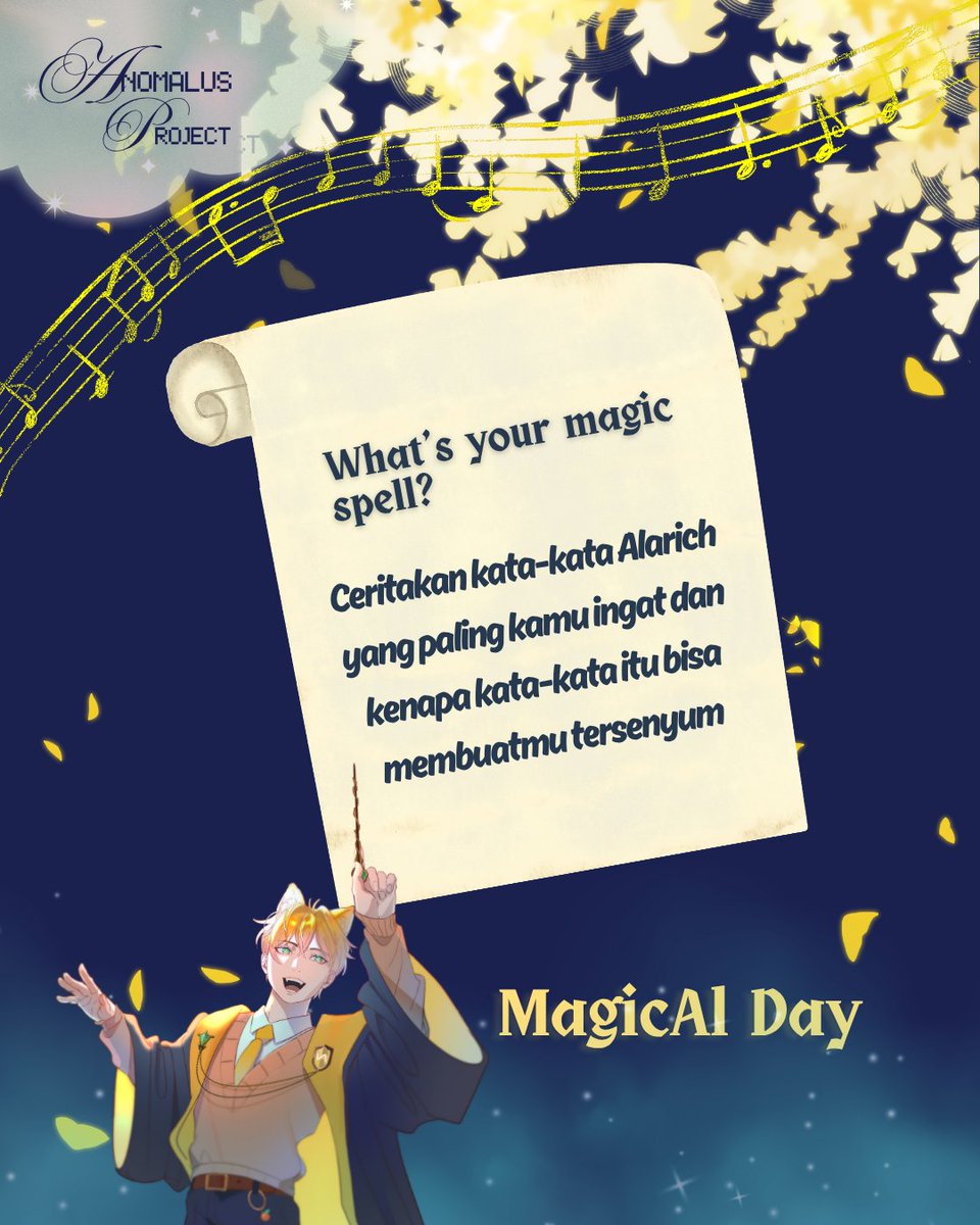 AnomalusProject's tweet photo. 💫 𝗔 𝗦𝗽𝗲𝗹𝗹 𝘁𝗼 𝗥𝗲𝗺𝗲𝗺𝗯𝗲𝗿
Ada gak ucapan dari Alarich yg sampai sekarang masih kamu ingat?  Entah itu ucapan sederhana, candaan random atau pesan yg tiba-tiba membuat harimu lebih baik💛

Share di QRT yaa, jangan lupa hashtagnya! #MagicAlDay #RahajengWantiWarsaAL https://t.co/gEDMtZQg7K
