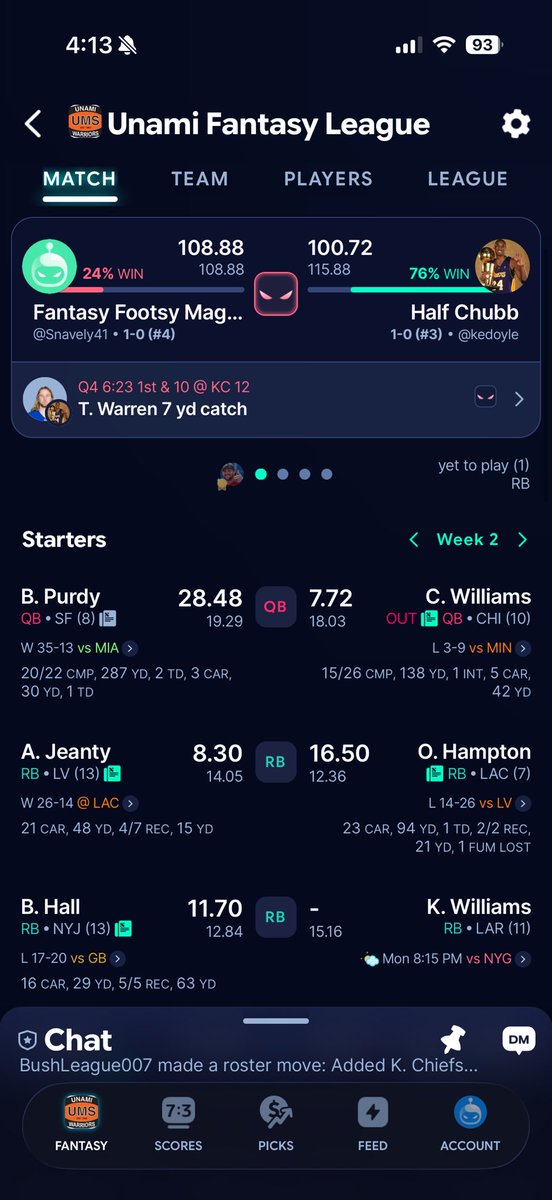 UnamiFantasy's tweet photo. We have one matchup coming down to MNF - @odoylerules1310 needs 8.17 from Kyren to defeat @chives_2. Winner will be 2-0 https://t.co/383DfqJij9