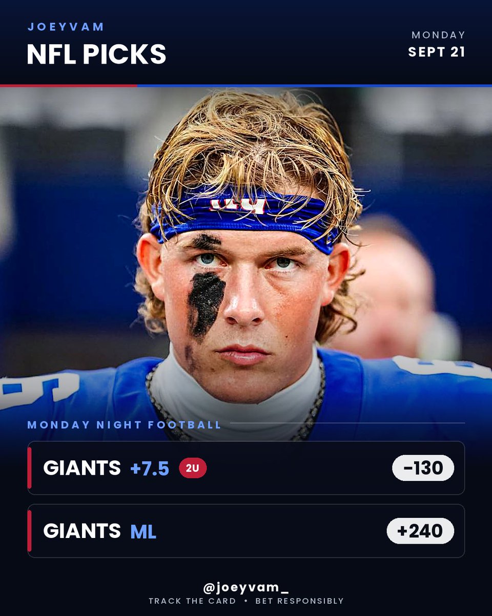 Joeyvam's tweet photo. Giants +7.5 -130 2U
Giants +240
I’m a firm believer in what Dart and the Giants have here.
This is a solid disciplined football team that will be a tough out for anyone this year.
I’m getting 7 + the hook there isn’t a chance I’m passing that up vs a hobbled rams unit🫡 https://t.co/D0qGhcbqMT