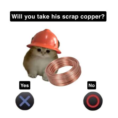 Kingooooor's tweet photo. These copper wire cat thief memes are funny &amp; make sense for a copper paired runner.

Whos down to steal some coppe wire? haha https://t.co/j22V5wH5d2