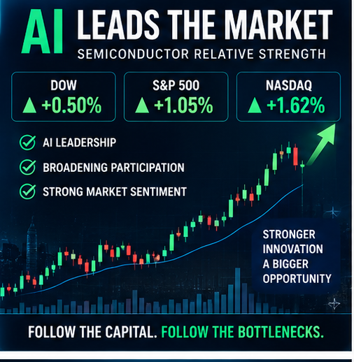 Dow +0.50%
S&P 500 +1.05%
Nasdaq +1.62%
But the bigger story is underneath the indexes.
AI and semiconductors are showing strong relative strength while lower o