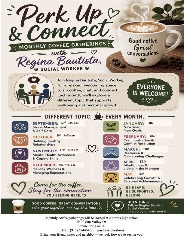BarronEPISD's tweet photo. Barron Parents!  R. Bautista,  Social Worker, will present Perk Up and Connect on Tuesday, 9-22-26 at 9 a.m. The topic this month is Stress Management and Self Care. We will meet in the AHS Library at 9 a.m. https://t.co/ZuavwFtqfi
