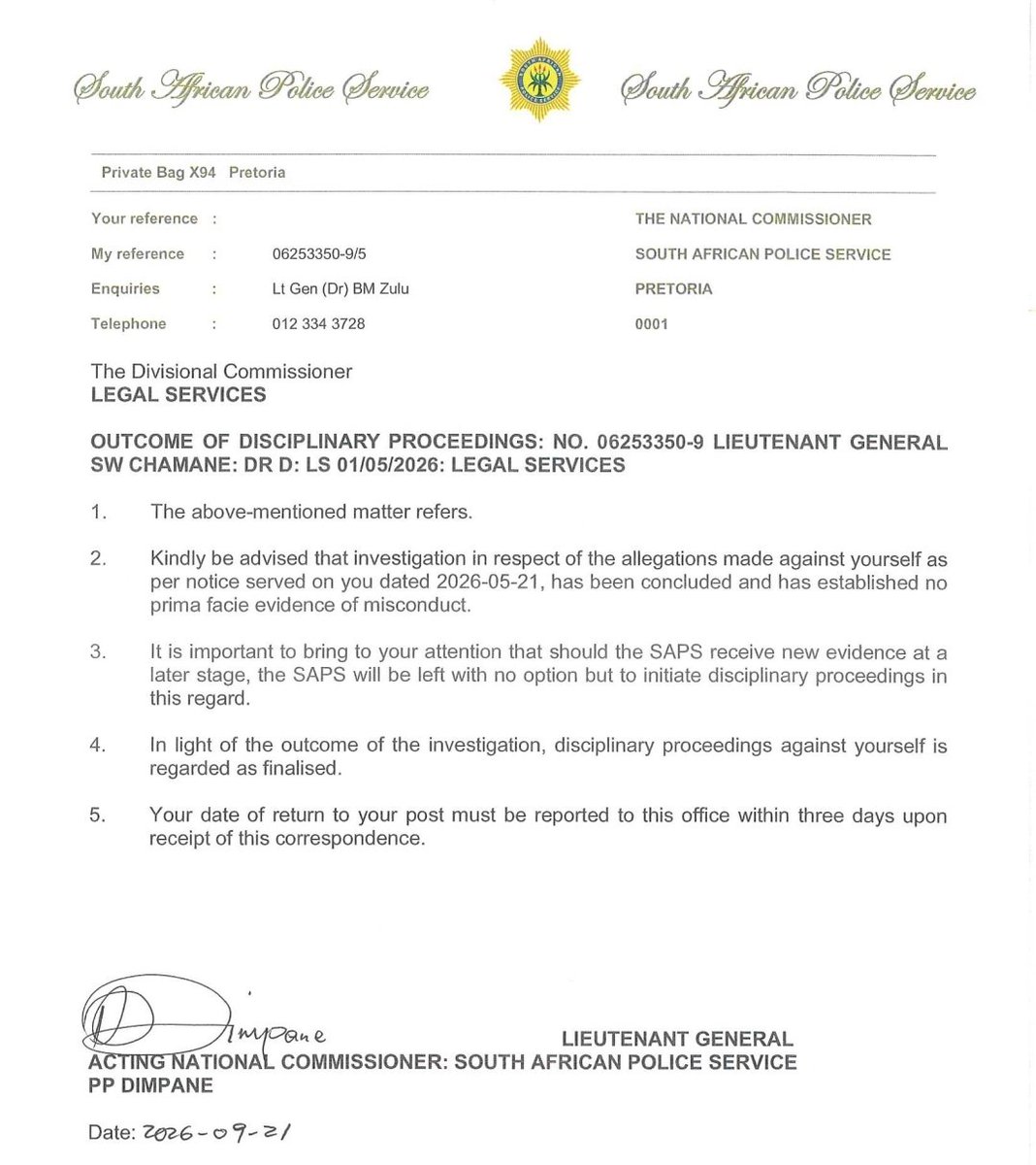 CoruscaKhaya's tweet photo. In other breaking news - Lieutenant General Chamane - who was suspended 3 months ago in relation to the infamous Medicare24 contract and his alleged association with Cat Matlala - has been cleared... https://t.co/nDAGQDL05K