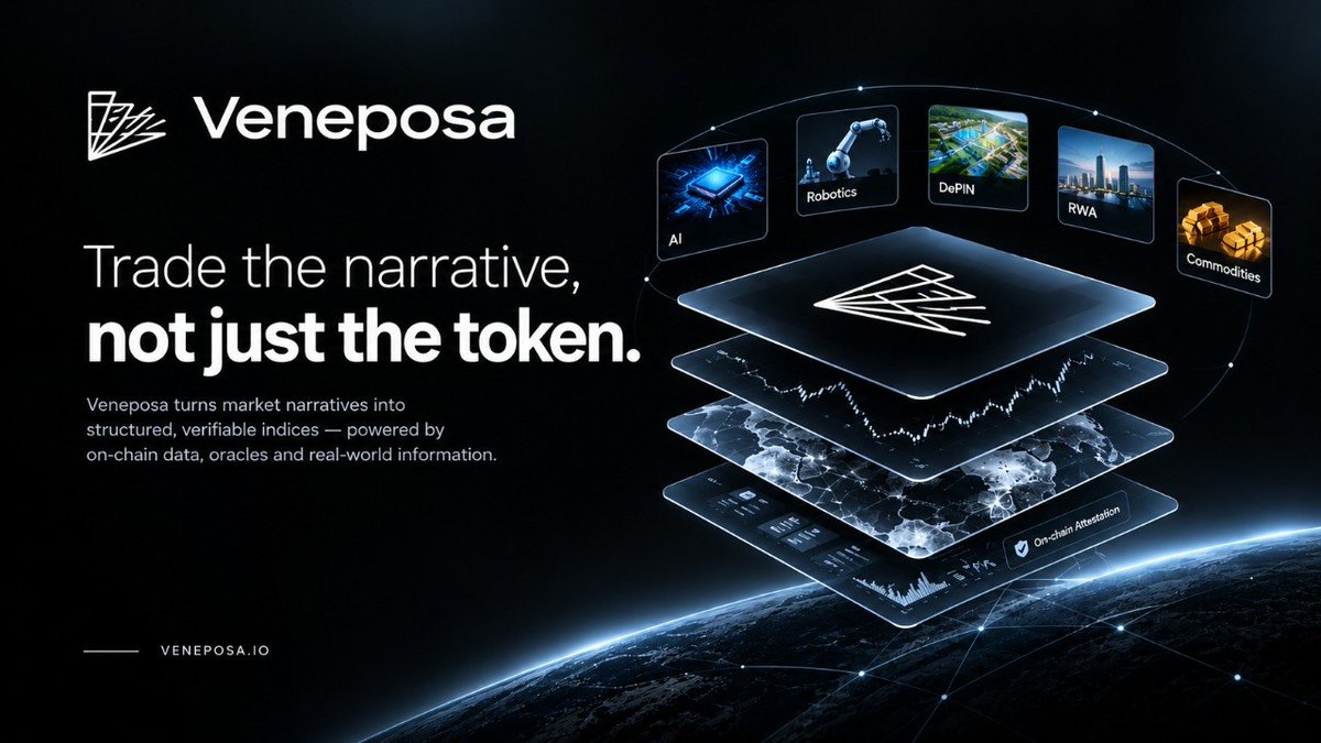 Veneposa's tweet photo. What if you could trade the narrative, instead of trying to pick the one token that wins?

That’s the direction Veneposa is exploring.

Markets are increasingly driven by themes — AI, robotics, DePIN, semiconductors, RWA, Layer 2s, commodities and countless other narratives.

But expressing a thesis often means picking a handful of individual assets and hoping you picked the right one.

Veneposa takes a different approach.

Build a structured index around a narrative, define the assets, set the weighting and rebalancing rules, normalize the underlying data, then produce an index that can be verified onchain.

The result is a market primitive designed to turn complex narratives into structured, composable data.

And it doesn't stop at crypto.

Veneposa's infrastructure can work across crypto, equities, commodities and real-world data, opening the door for completely new types of indices and market references.

The bigger idea:

Don't just trade assets.
Represent the market around them.
Veneposa is building the infrastructure to make those narratives programmable.

A different way to take market exposure.