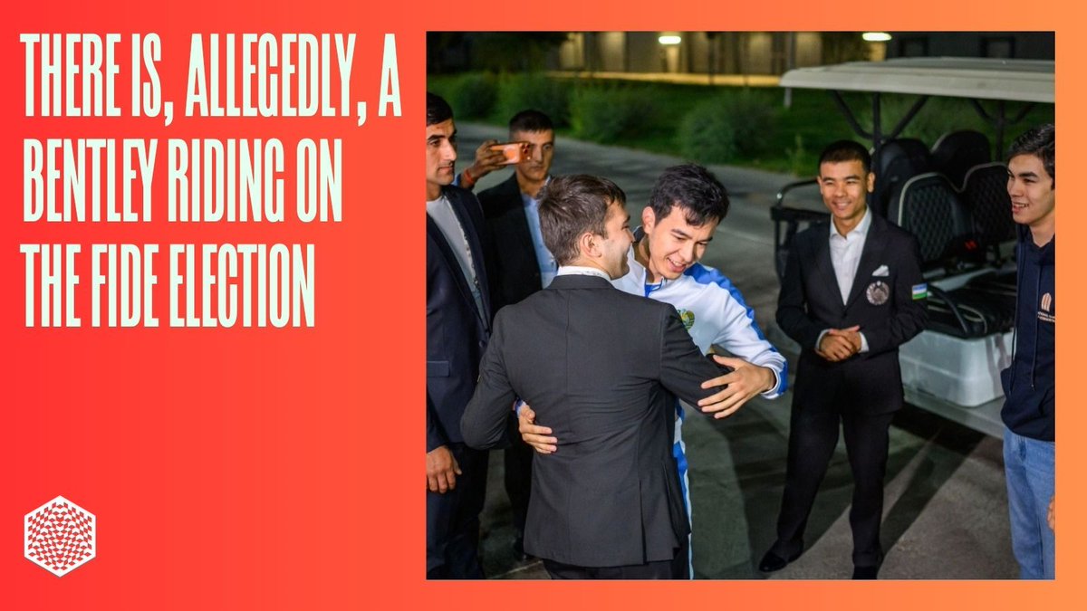 theworldchess's tweet photo. FIDE election, Samarkand. One candidate brought ~30 people. Another brought five. Several brought robots. Nobody knows what the robots do.  The VIP room is the only honest room here. There's a Bentley rumor we can’t confirm. Column by World Chess CEO: https://t.co/X5aYF3YUe5 https://t.co/Xy7vKItFk4