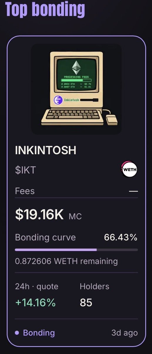 Inkintosh's tweet photo. 2 days since $IKT launched on @otomate_trade 🖥️

We started at a $5K market cap. Today we’re at $19K+, almost 4x

85 holders and counting

66%+ of the bonding curve completed, with less than 0.9 WETH left before graduation

Not bad for 48 hours ⚙️

Thanks to everyone who’s been sharing, creating and supporting the project from day one

And don’t forget our ongoing events 👇
- 1 Boi + 1 Lady Boi up for grabs (NFTs from @boi_market, of course 👀)
- Double Your Bag on eligible $IKT buys until tomorrow.

Plenty to play for 🍀 

The machine keeps working 🖥️