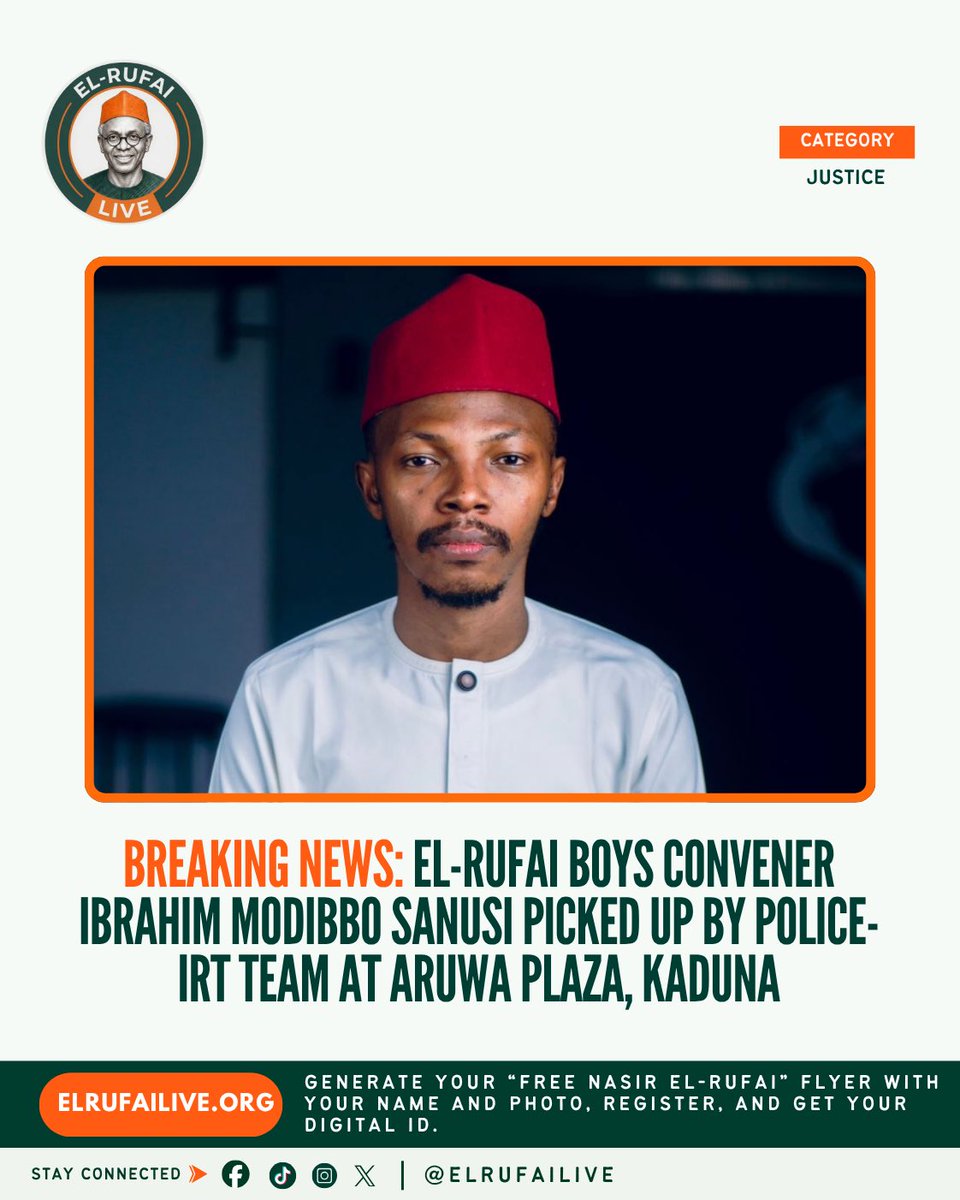 ElRufai_Live's tweet photo. El-Rufai Boys Convener Ibrahim Modibbo Sanusi Picked Up by Police at Aruwa Plaza, Kaduna — Location Still Unconfirmed

El-Rufai Live is receiving reports that @ModibboSanusi, lead convener of the El-Rufai Boys, was picked up tonight in Kaduna by operatives of the Police Rapid Response Team. According to accounts reaching us, it happened at about 8:30pm at Aruwa Plaza, Isa Kaita Road. He was taken into a bus described as carrying IRT officers. At the time of this report there is no official police statement, no stated charge, and no confirmed destination.

Ibrahim Modibo Sanusi is known across this movement as a youth organiser in the El-Rufai Camp and as a public voice for youth inclusion inside the ADC in Kaduna. He is not a fugitive. He has worked in the open. That is why the manner and timing of tonight’s pickup demand an immediate, lawful explanation from those who took him.

What we can say tonight is limited and must stay limited until it is verified. We know the name, the place, the approximate time, and the unit named by people on the ground.

We therefore calls on the Kaduna State Police Command to say, tonight, where Ibrahim Modibbo Sanusi is and under what authority he was taken. His lawyers and family must be granted access without delay. Supporters should remain calm, remain lawful, and share only what can be confirmed. Do not circulate rumours that put him at further risk.

This is a developing story. We will update as his location and the legal basis are established. No one is above the law. No one is beneath it.

The Movement is Rising.

@ADCNig @ADCVanguard_ @AmnestyNigeria @B_ELRUFAI @HafizBayero @muktarbaloni @uchediala @ElrufaiBoys @ElrufaiGirls