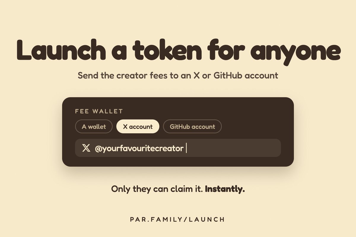 pardotfamily's tweet photo. Launch a token for anyone.

You can now send creator fees to an X or GitHub account instead of a wallet. Pick "X account" in the fee wallet field, type the handle, launch. Every trade pays into that account's fee wallet, the same address on every chain.

Nobody can claim it until the account holder logs in with X/GitHub on https://t.co/O9qn6PMuia

Launch for your favourite creator, dev or meme account, on Robinhood Chain, Base, BNB or Arc.

https://t.co/3tlPqMagqu