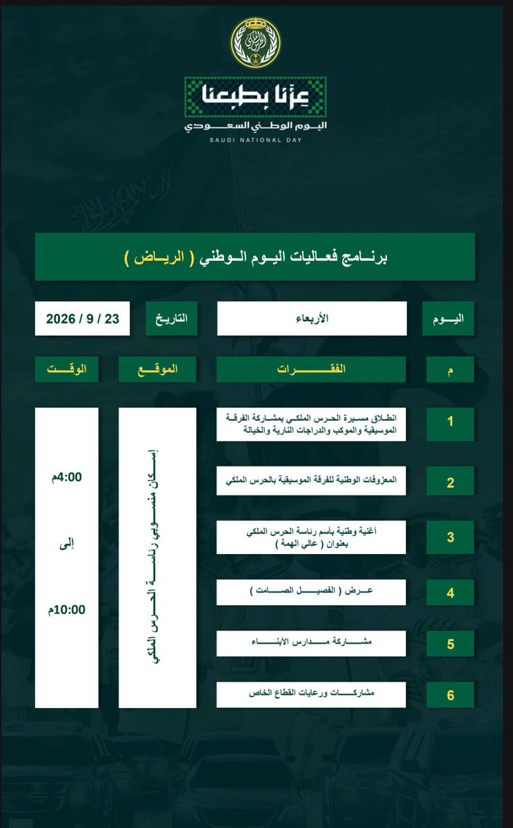 eyass4u's tweet photo. دعوة رئاسة #الحرس_الملكي 🇸🇦💚🤍
👇🏼
فخر واعتزاز بإذن الله
لـ مشاركة أشاوس الحرس الملكي
يومي الثلاثاء ٢٢-٩-٢٠٢٦م و الأربعاء ٢٣-٩-٢٠٢٦م
بـ احتفال #اليوم_الوطني_السعودي_٩٦ 
👇🏼
يوم الثلاثاء
بـ المشاركة مع الهيئة العامة للترفيه
بـ معرض الدفاع العالمي في ملهم بـ الرياض
👇🏼
يوم الأربعاء
في اسكان منسوبي رئاسة الحرس الملكي #الرياض
-
أدام الله عزّ السعودية وأمنها وإيمانه وتنميتها 
وأدام الله نعمة لُحمتنا قيادةً وشعباً
إلى يوم الدين 🤲🏼🇸🇦  🤲🏼
