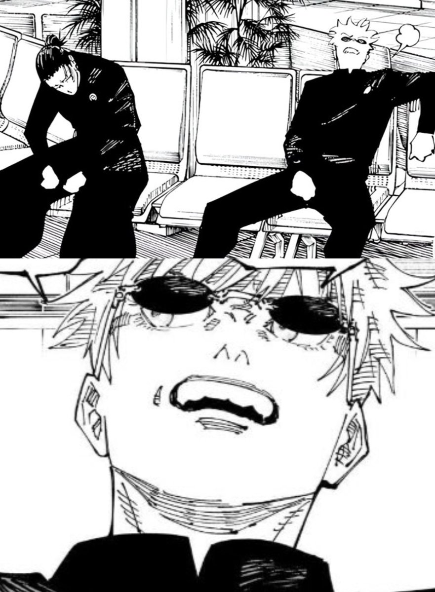 sagrnjo's tweet photo. gojo always makes me laugh here 
he’s pretending to look annoyed &amp; you’d think he’s looking up but he’s actually staring at geto from under his glasses https://t.co/itWI9fzi5y