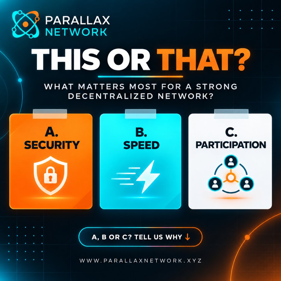 networkparallax's tweet photo. THIS OR THAT? 👀

Speed. Security. Participation.

If you had to choose only one, which would you consider the most important for a decentralized network?
A. Speed
B. Security
C. Participation

There may not be a simple answer.

A strong network is built by balancing performance, security, and distributed participation rather than relying on only one of them.

But we want to hear from you first.

A, B or C? Why?

🌐 https://t.co/ByrpONLHWx
#ParallaxNetwork $PAX