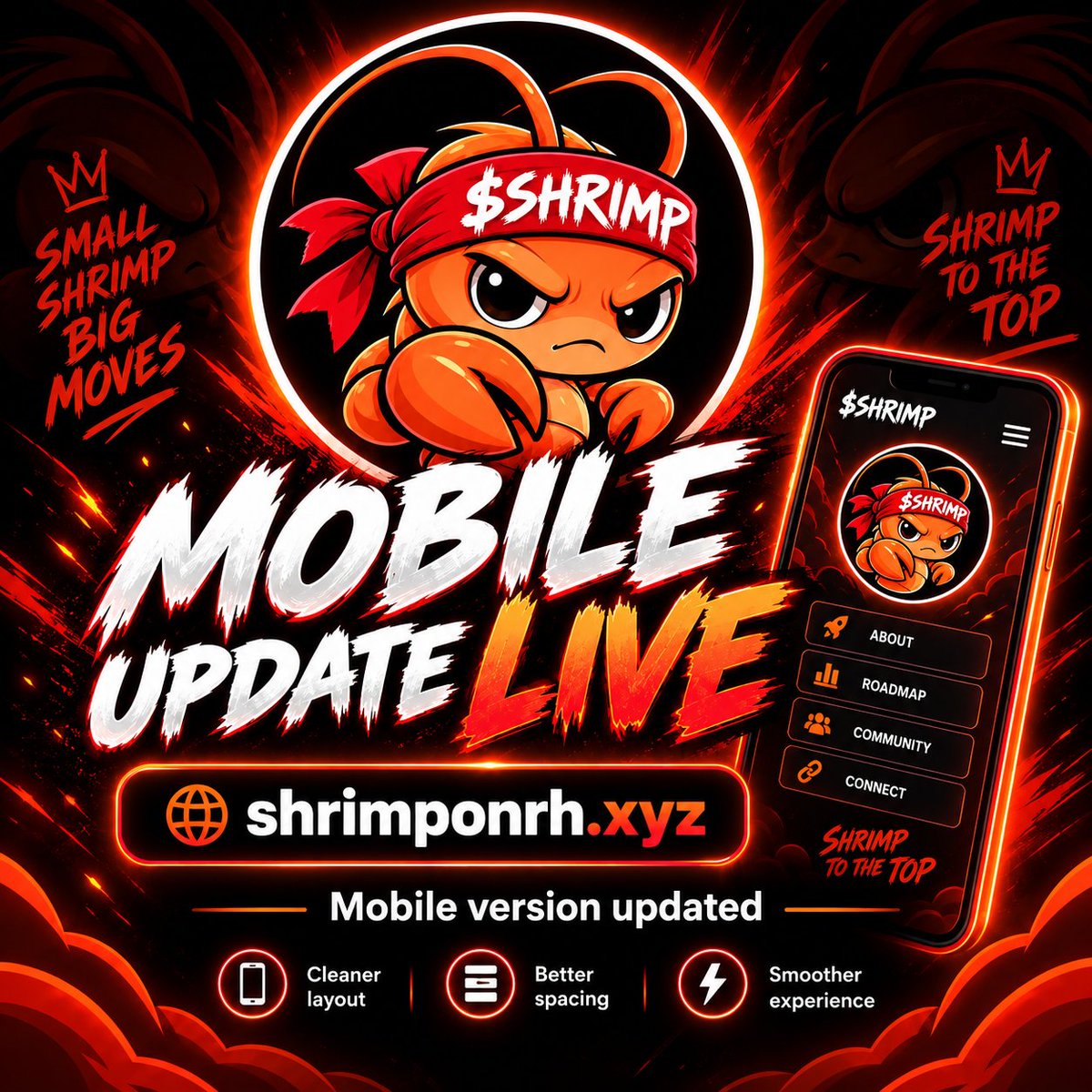 SHRIMPonRH's tweet photo. Mobile update is live📱🦐

We’ve improved the $SHRIMP website for mobile — cleaner layout, better spacing, and a smoother experience across smaller screens.

Now that the mobile version is in a much better place, I can focus on the next step: bringing the $SHRIMP leaderboard directly onto the website.🏆

Still more improvements to come.👀

🌐 https://t.co/exEUxyJ4GZ

Small shrimp.🦐 Big community.🌐