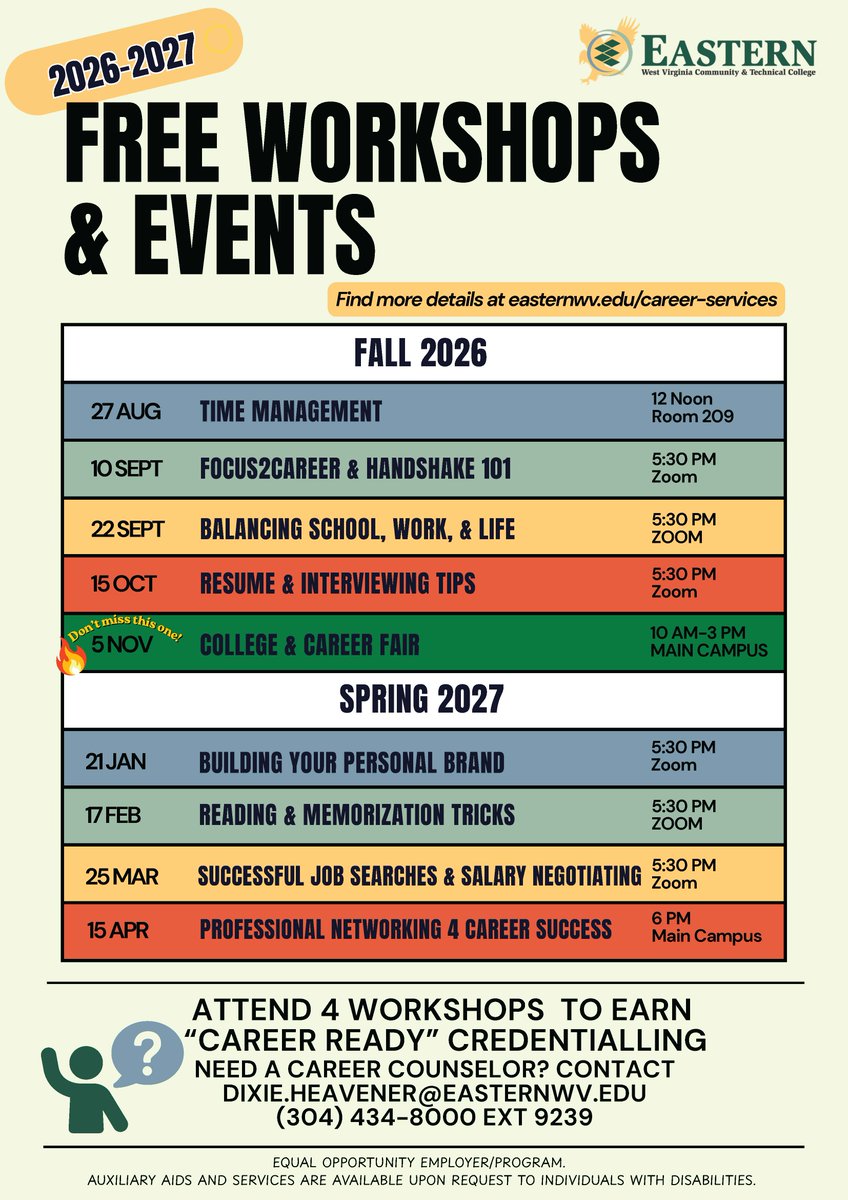 ewvctc's tweet photo. 🔥Learn to balance school, work, and life tomorrow, Tues., Sept. 22 | 5:30 PM over Zoom
💡Attend 4 workshops to earn the "Career Ready" micro-credential!
📧 Questions? Contact dixie.heavener@easternwv.edu
https://t.co/poJGrbGc3L
#CareerDevelopment #FreeWorkshops #DiscoverEWV https://t.co/FcACkbFUjm
