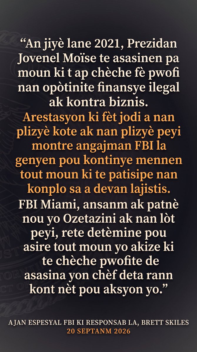 USEmbassyHaiti's tweet photo. 30 moun akize pou patisipasyon yo nan asasina Prezidan ayisyen an. Yo te transpòte 18 ladan yo nan yon avyon militè soti Ayiti pou yo vin reponn devan lajistis ameriken nan Distri Sid Florid. https://t.co/tyJF9pfh4q