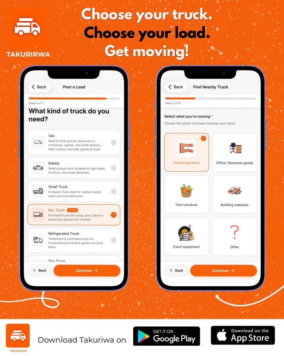 TakurirwaApp's tweet photo. Zimbabwe, meet Takurirwa!

Before you make a few phone calls looking for a truck, try Takurirwa.

From bakkies to haulage trucks, request a truck or post your load and let drivers bid.

📲 Your next trip starts here. 🧡

#Advocate #Zimbabweans #Logistics https://t.co/0iWJA5dhbb
