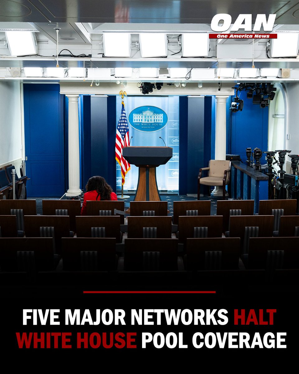 OANN's tweet photo. ABC, CBS, CNN, Fox News and NBC have suspended their pooled TV coverage of President Trump after the White House blocked CNN from fulfilling its scheduled pool duties.

The move follows the White House decision to prevent CNN from carrying out its assigned pool rotation after Trump barred CNN, MS NOW and Politico from the White House.

For more updates, watch OAN on OAN Live or click the link in our bio.