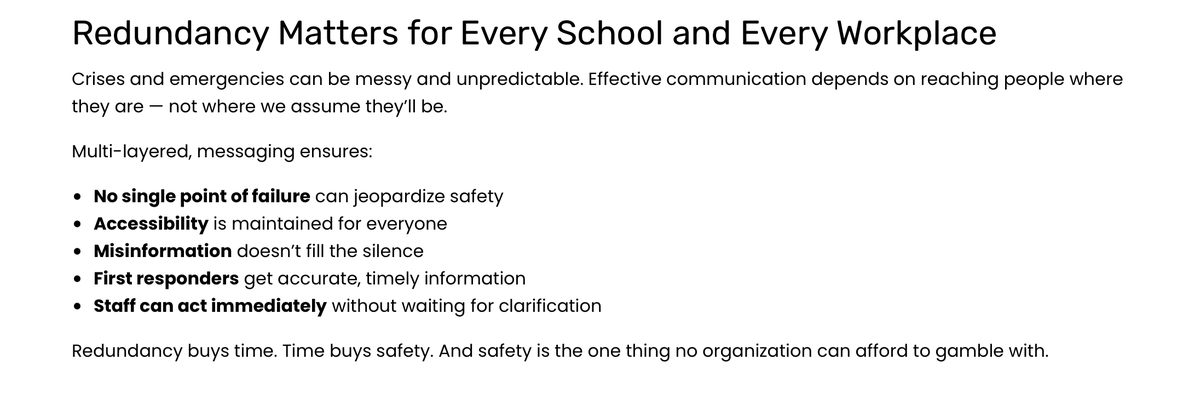 TelecorInc's tweet photo. Every message. More than one way to receive it. Redundant communication helps reduce dependence on a single channel when information needs to reach people quickly.

This #NCSAM, we’re looking at five ways redundancy can strengthen school and workplace safety: https://t.co/bbCjgeDO6D